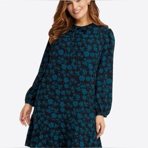 Draper James Teal Floral Long Sleeve A-Line Dress on Black